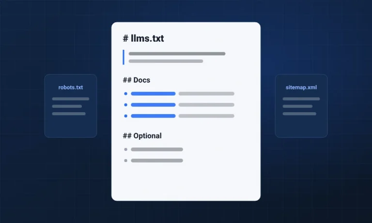 איור: קובץ llms.txt פתוח עם רשימת קישורים מסודרת, לצד קובצי robots.txt ו-sitemap.xml, על רקע כחול כהה