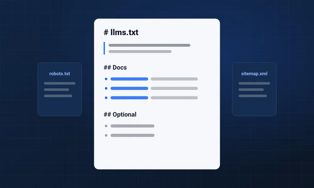 איור: קובץ llms.txt פתוח עם רשימת קישורים מסודרת, לצד קובצי robots.txt ו-sitemap.xml, על רקע כחול כהה